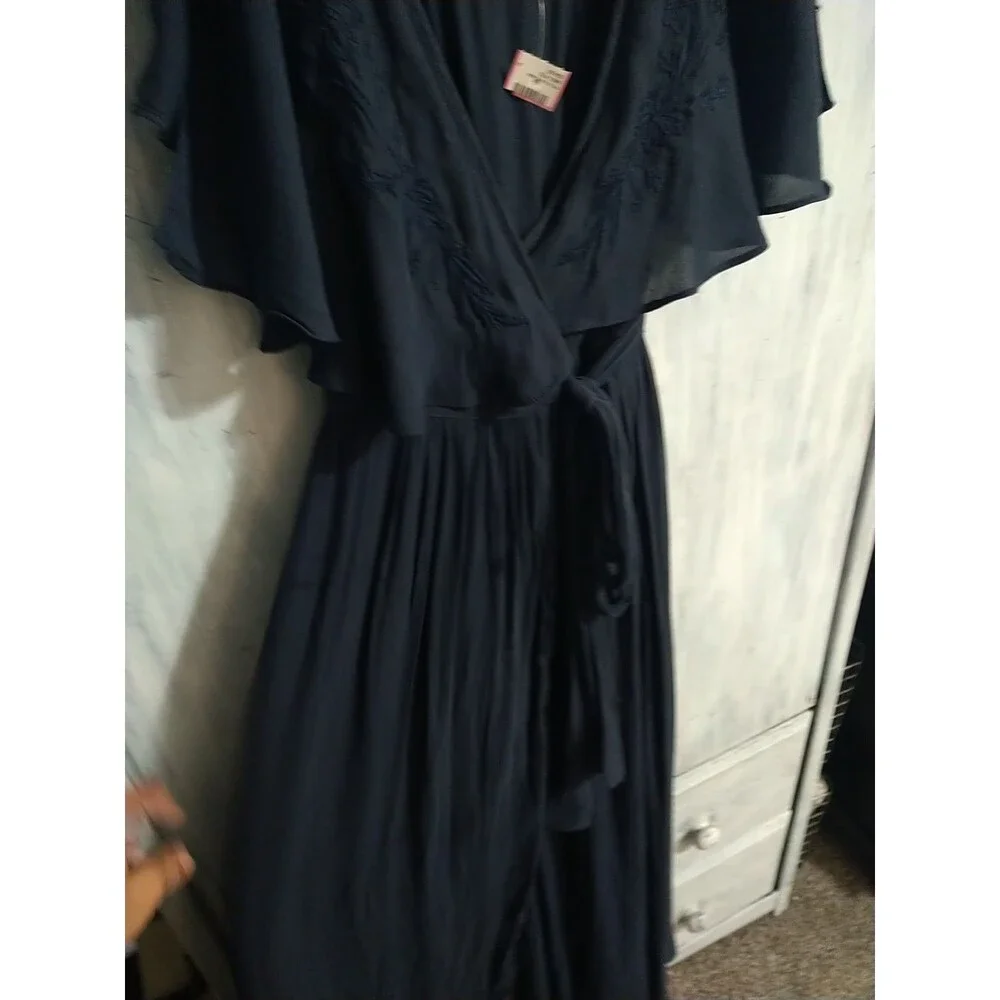 Free People Sleeveless V-neck Maxi Wrap Embroidered Dress Sm Blue Boho Beachy